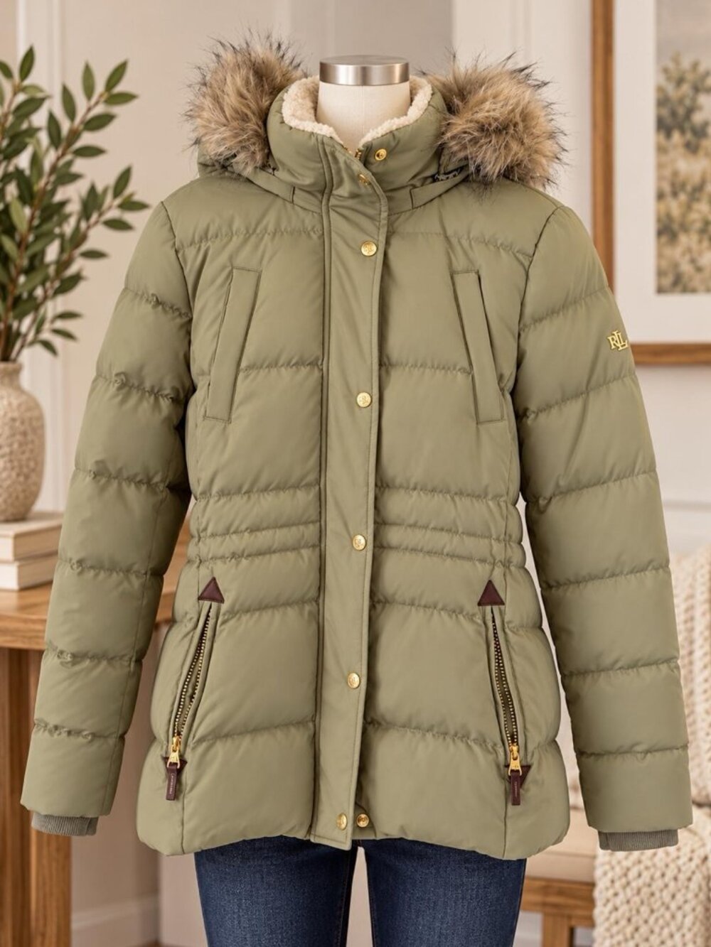 Lauren Ralph Lauren Down Puffer Coat S Faux Fur Hood Gold Hardware New